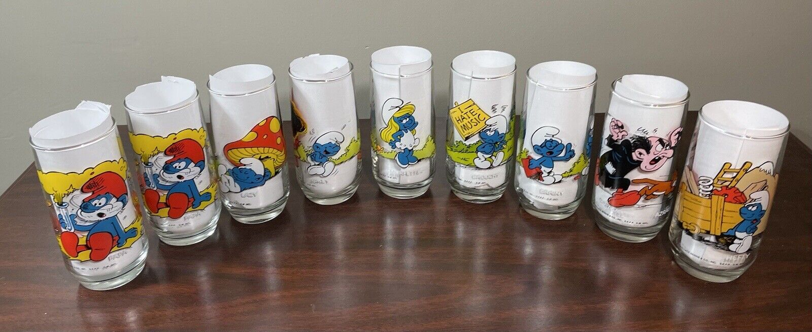 Vintage Lot 1980’s Smurfs Peyo Drinking Glasses COMPLETE Set of 8 plus 1