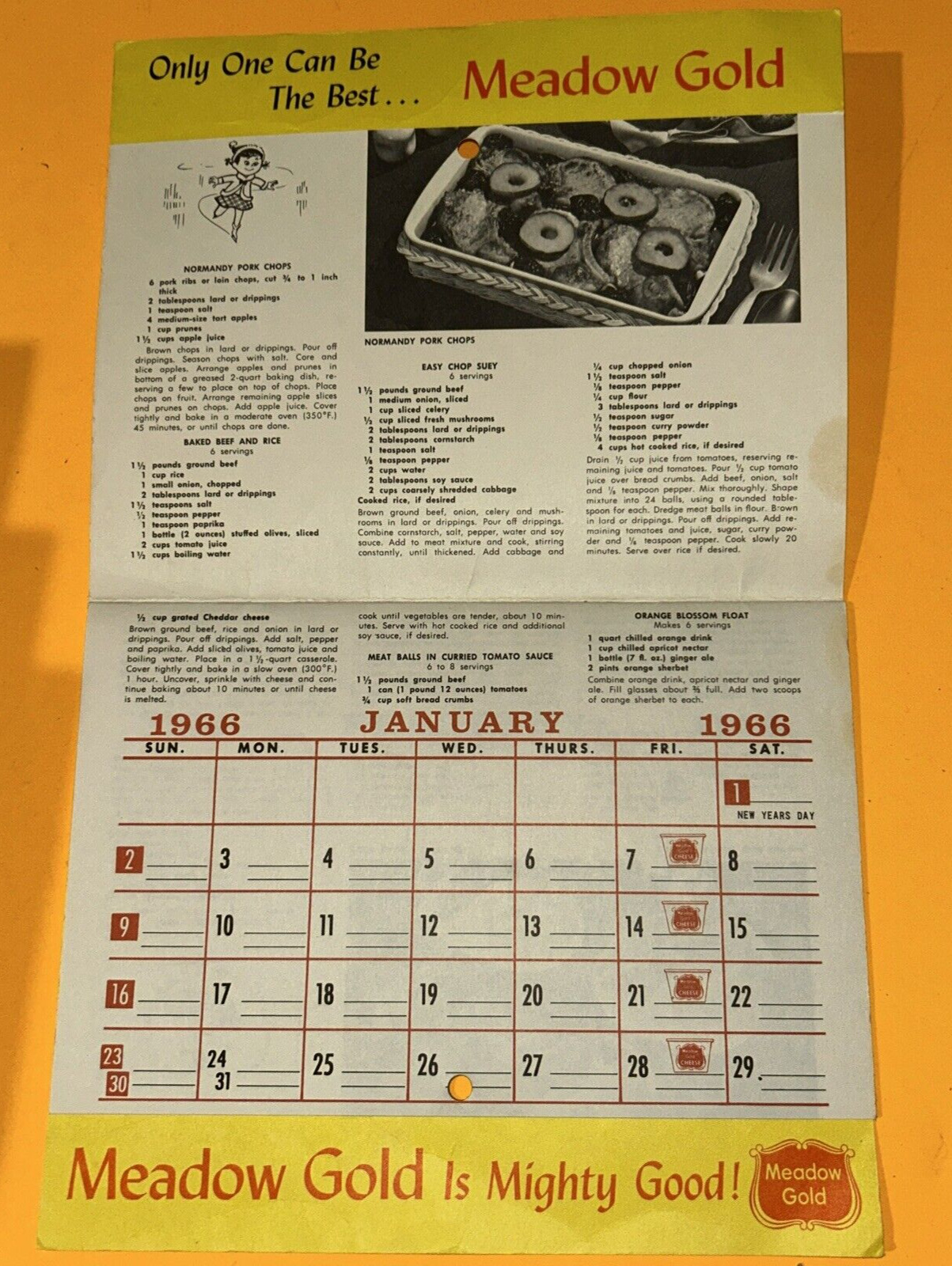 Vintage Meadow Gold Calendar 1966 Vintage Calendar with Recipes