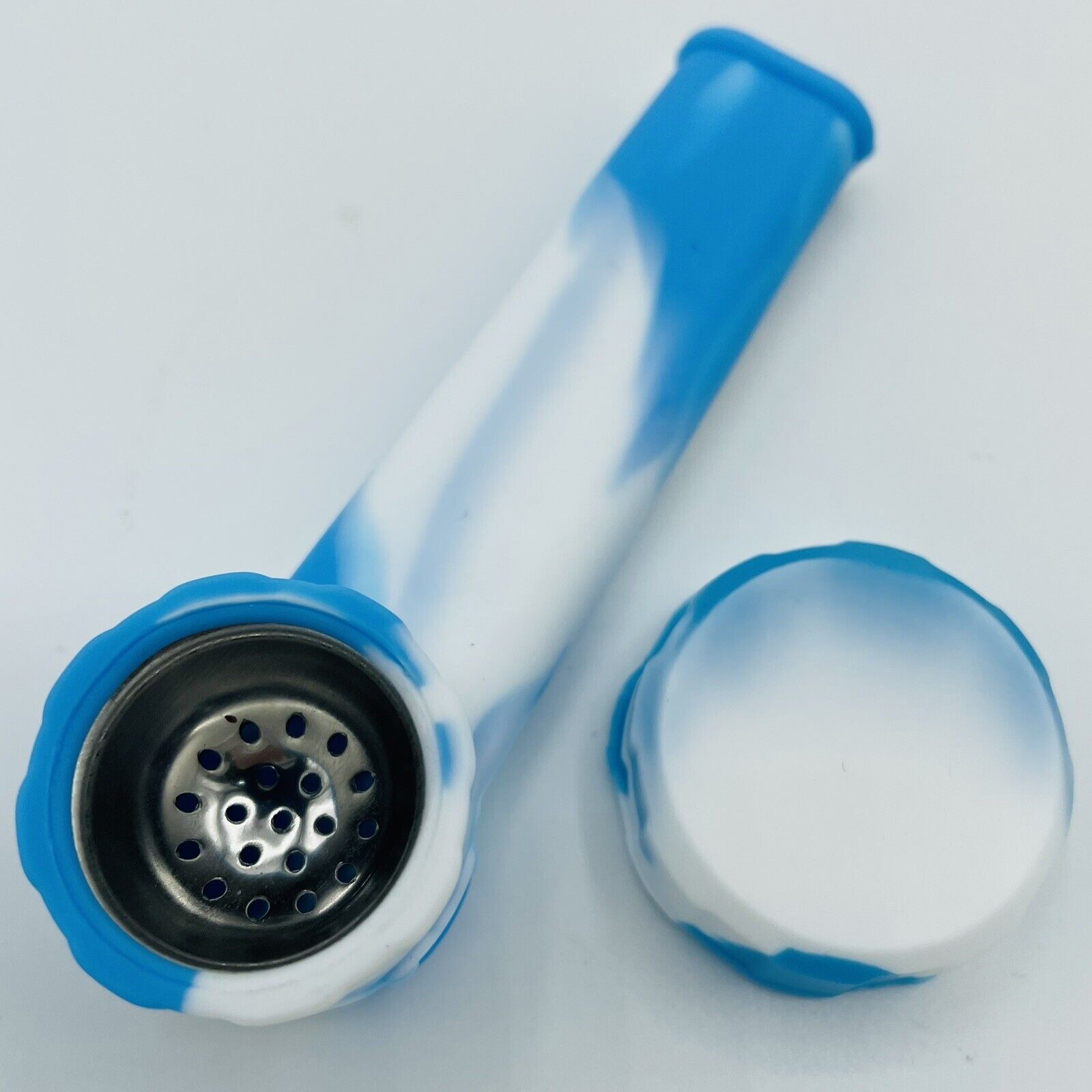 Silicone Smoking Pipe with Metal Bowl & Cap Lid | Light Blue/White  | USA