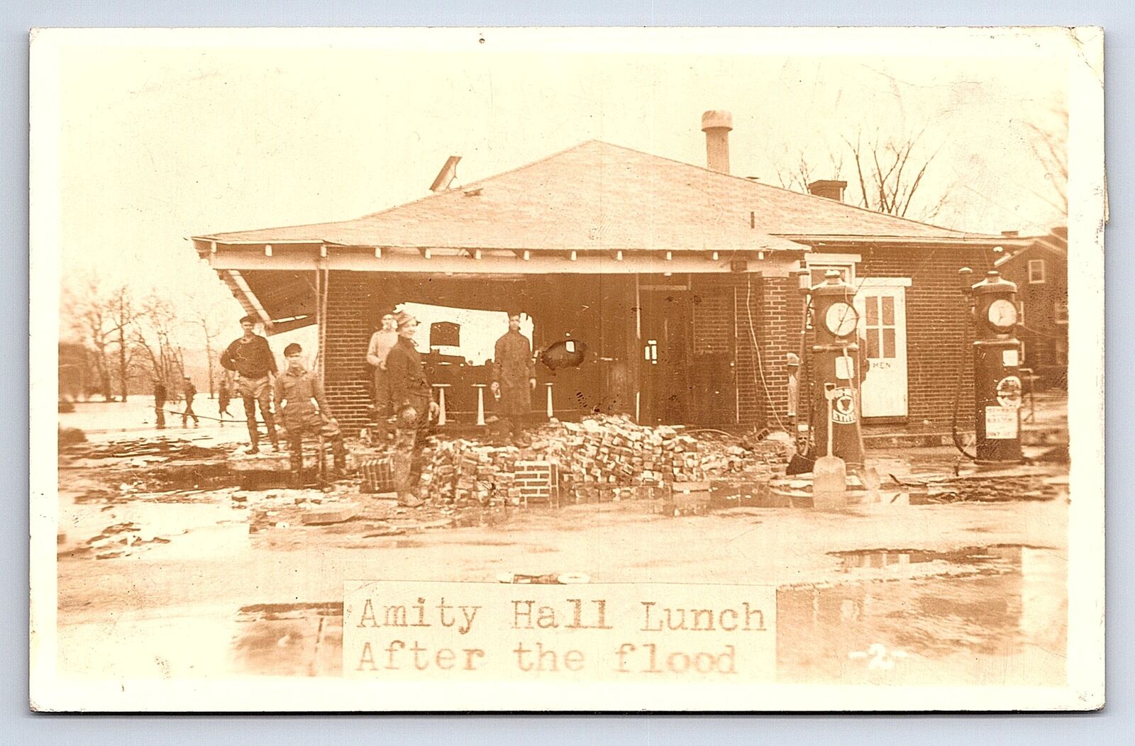 Postcard RPPC Amity Hall Lunch After The Flood Gas Pumps William Penn Highway