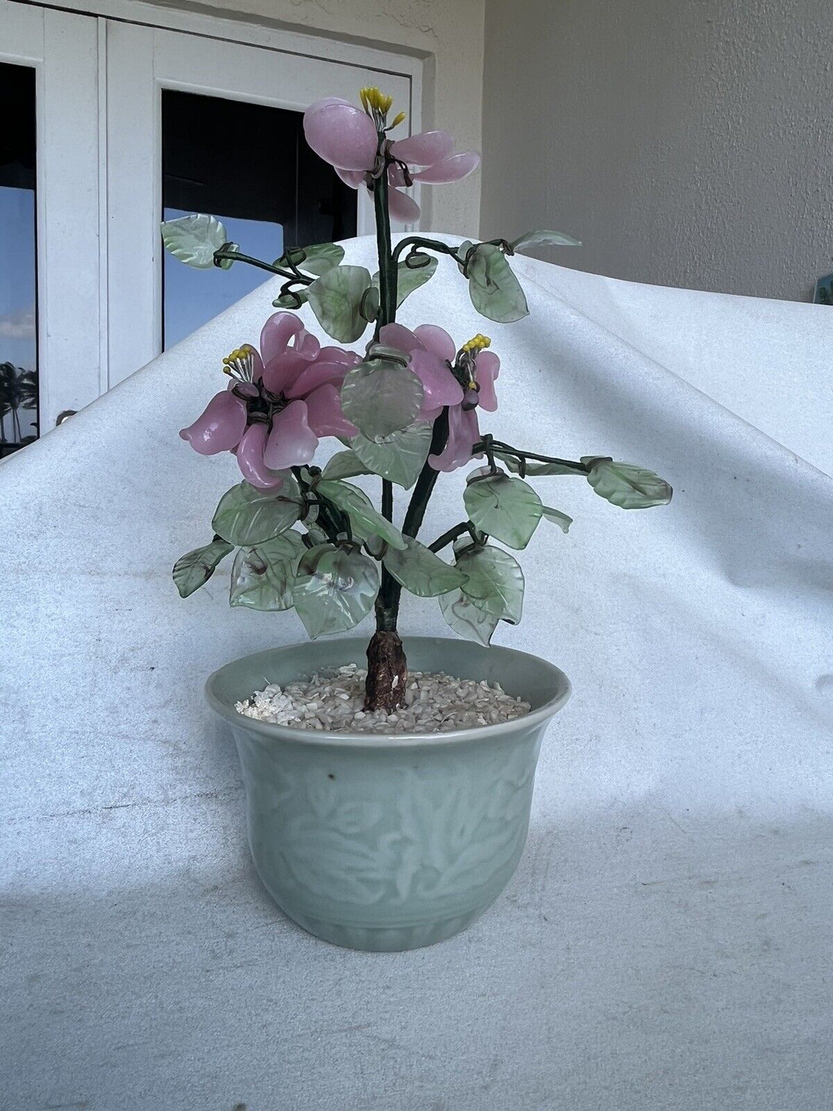 Vintage Chinese Lucky Jade Jadeite Stone Carved Pink Flowering Potted Plant Tree