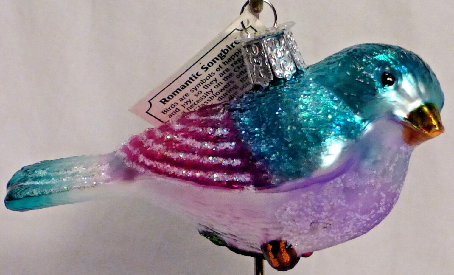 OWC Old World Christmas Blown Glass Romantic Songbird #16106 turquoise & pink