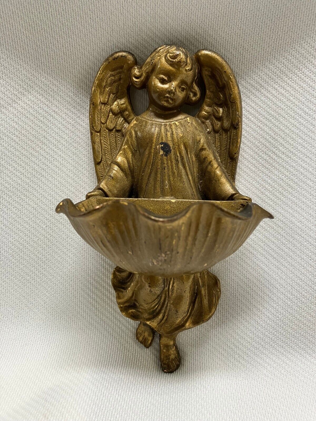 Vintage Holy Water Font Cherub Angel Bronze Vintage 60s 5.5 inch Wall Hangng