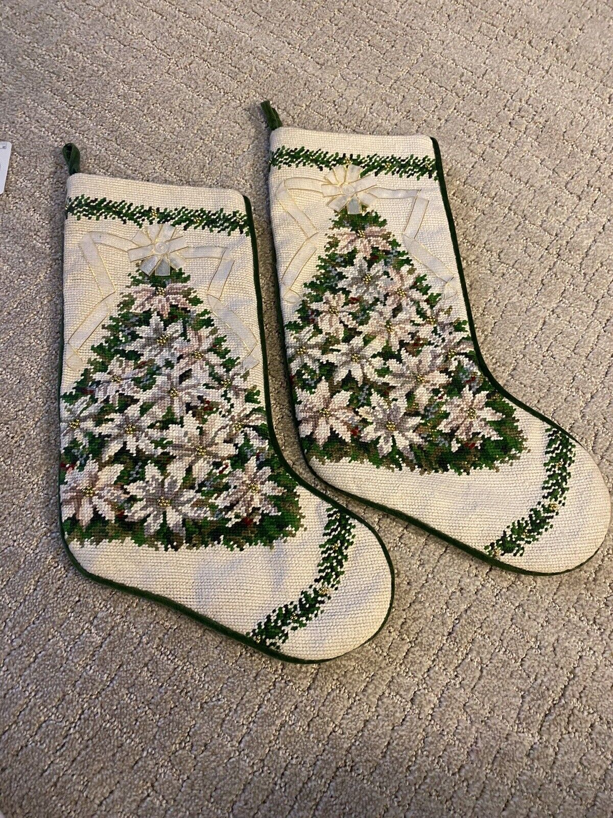 Two Vintage Poinsettia Flower Christmas Tree Handmade Needlepoint Stockings