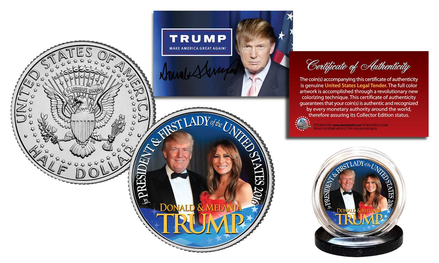 DONALD TRUMP & MELANIA TRUMP OFFICIAL 2016 Presidential Kennedy Half Dollar Coin