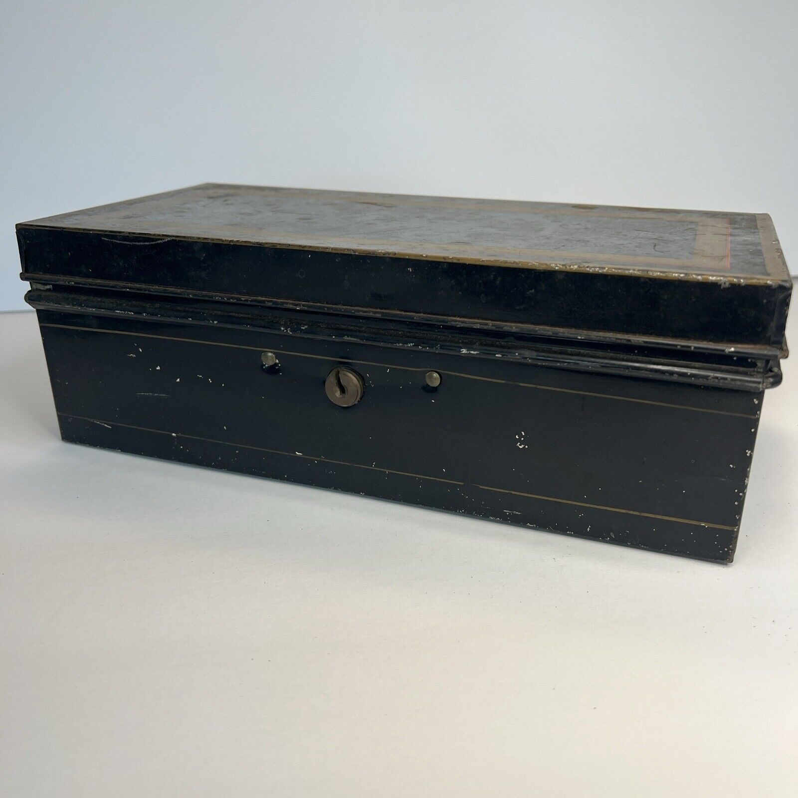 Antique Black Toleware Metal Document Cash Box Early 1900s (LL)