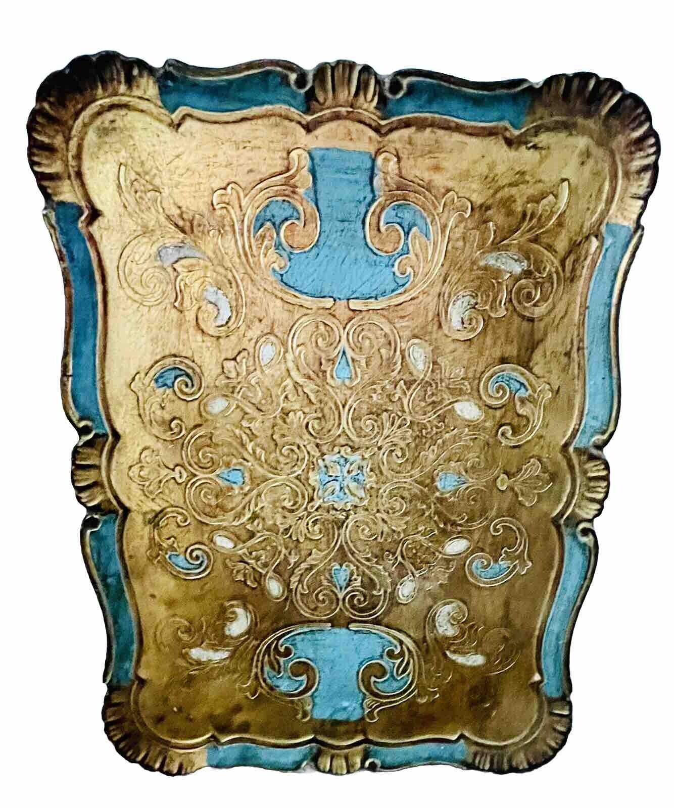 Stunning Vintage Gold & Turquoise Blue Wood Carved Italian Tray 19” x 14” MCM