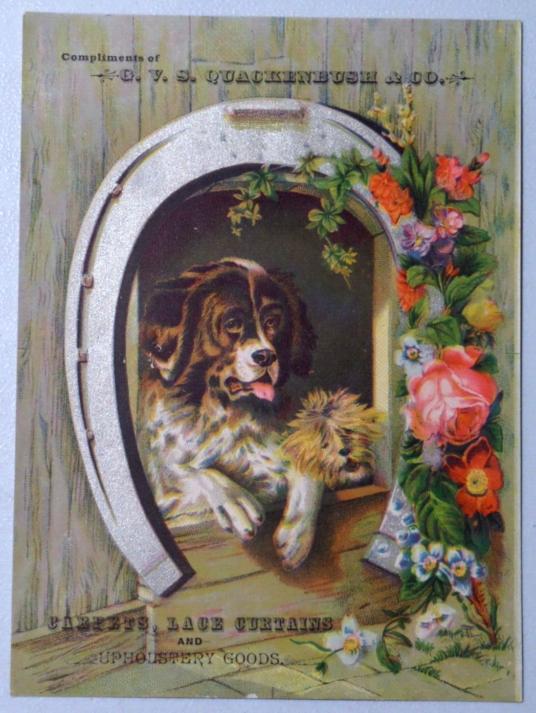 G.V.S. QUACKENBUSH & CO. Cute Dogs in Lucky Dog House Advertisement Trade Card