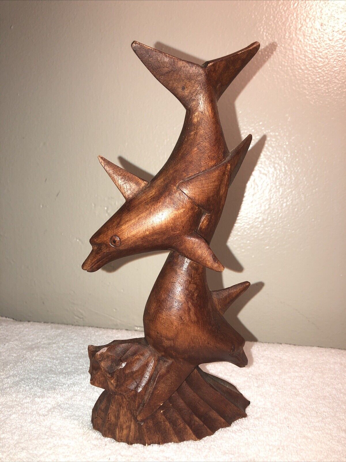 Hand Made Wood Carving, Two Dolphins Together, 9 Inches Tall, Finely Detailed