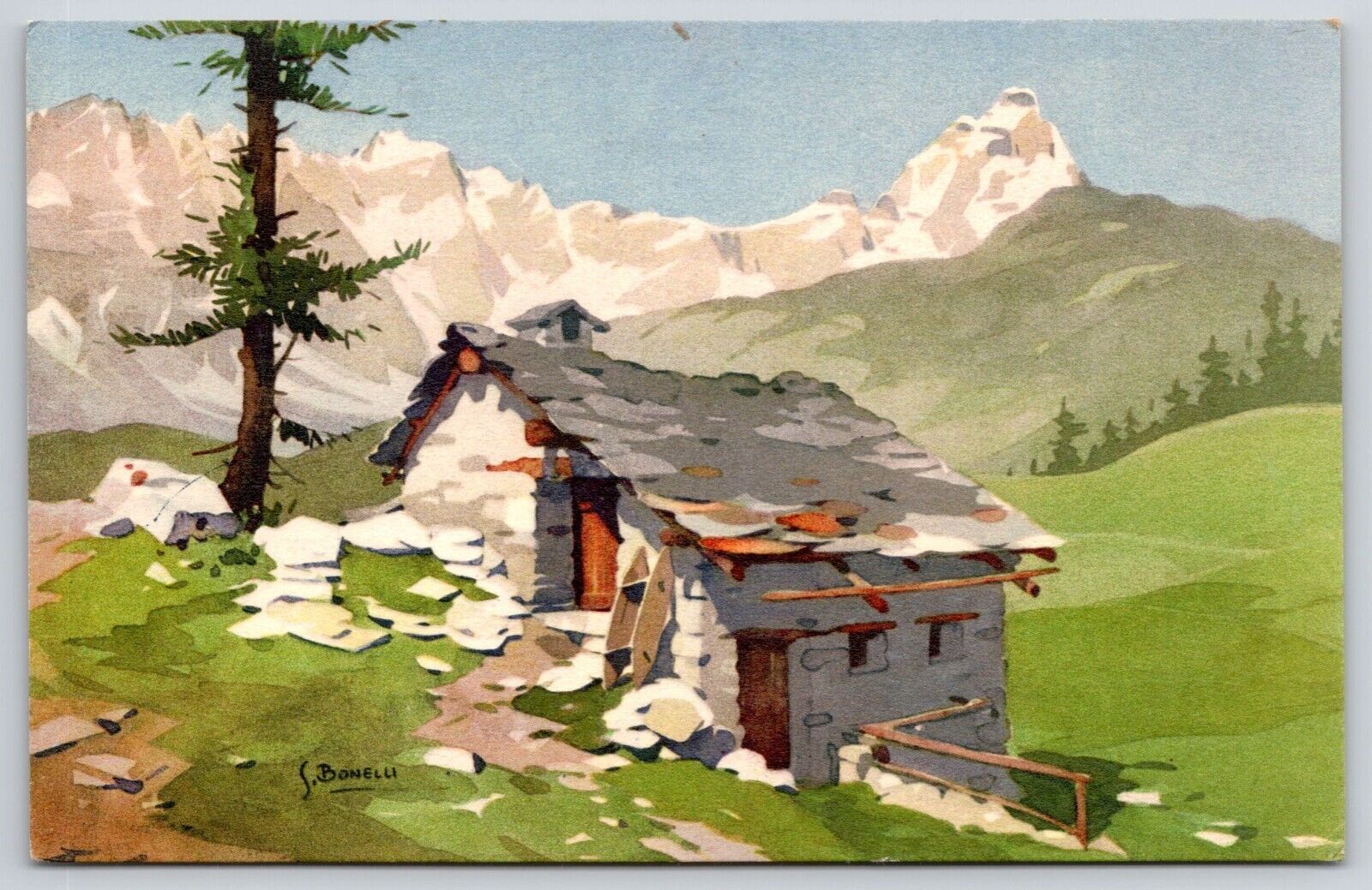 Cottage By the Matterhorn Mountain Alps Switzerland S. Bonelli Art Postcard UNP