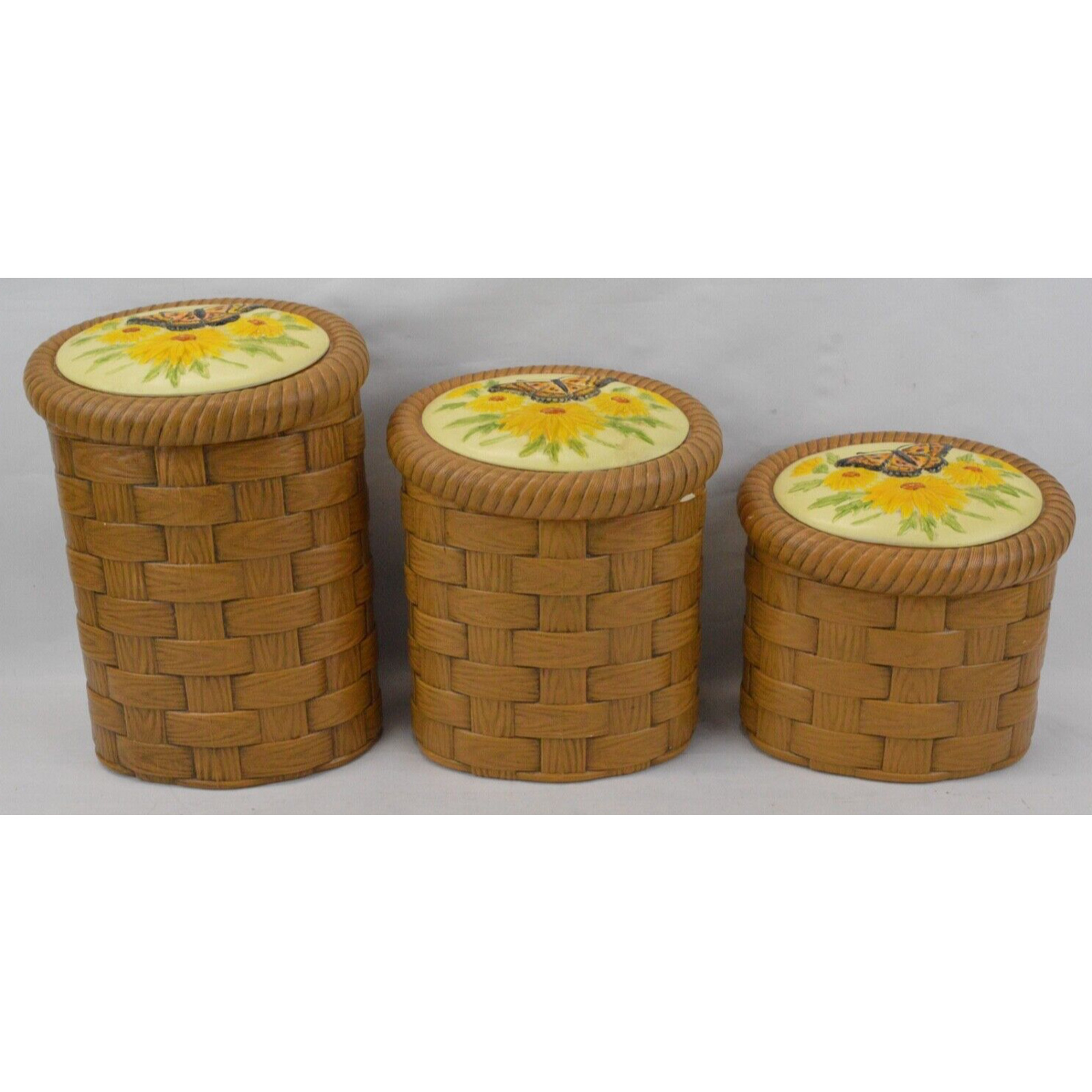Set Of 3x Ceramic Cookie Jar Canister Bamboo Basket SunFlower Lid Butterfly P.H