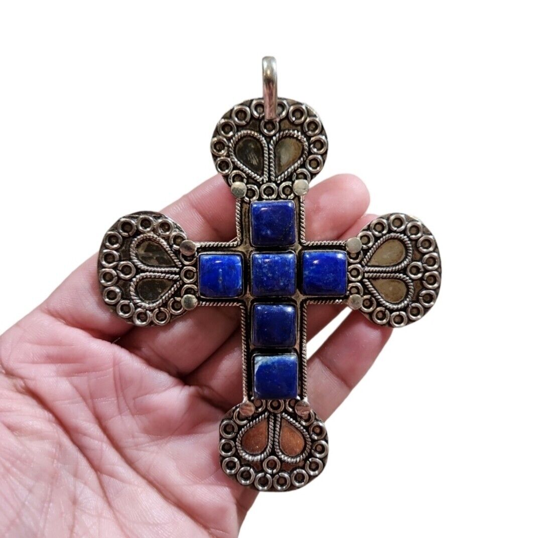 Vtg 70s Sterling Medieval Necklace Lapis Cross Pendant Jewelry 4.25
