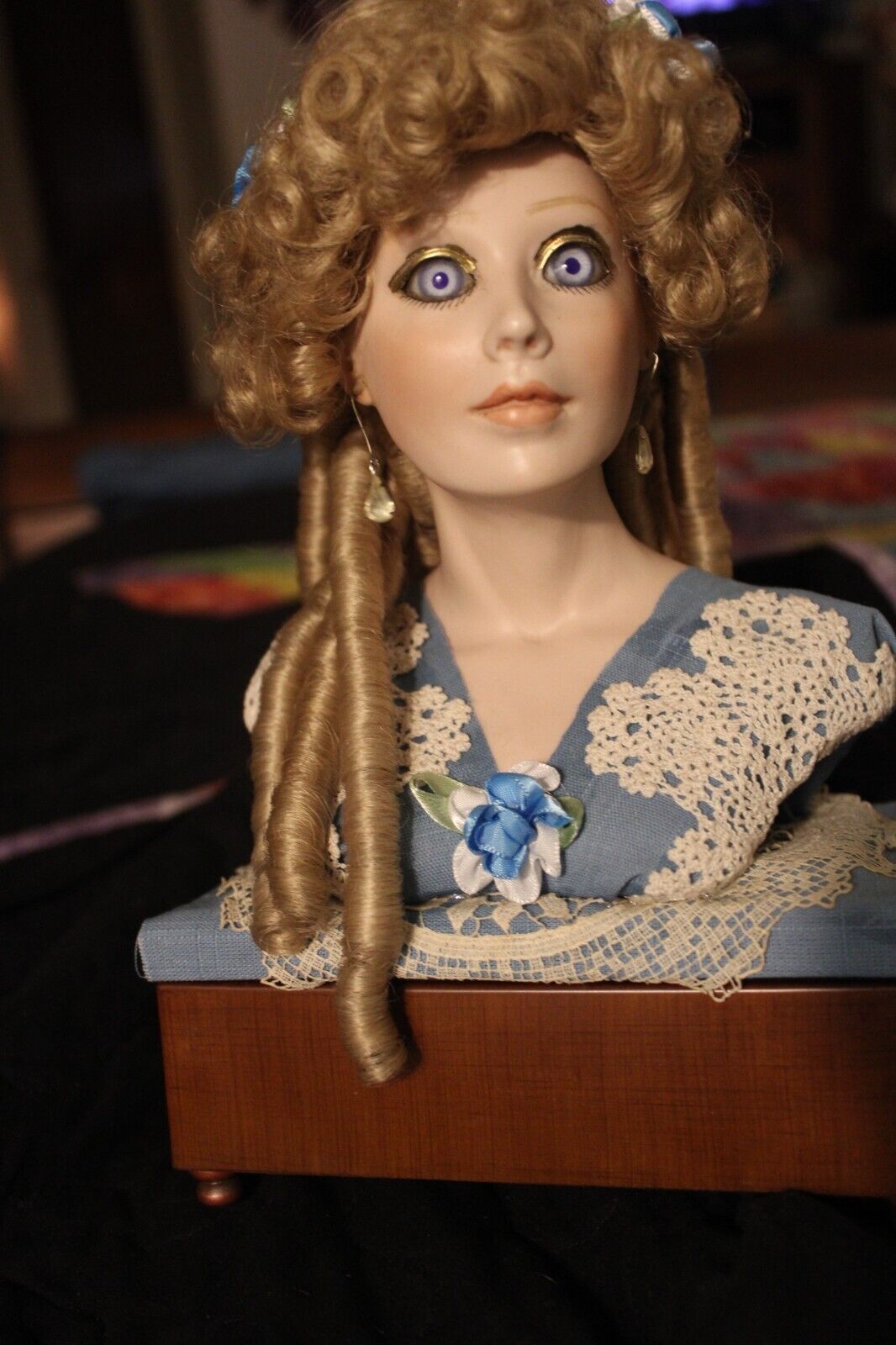 Beautiful Victorian Lady Bust In Blue Atop a Working Music Box