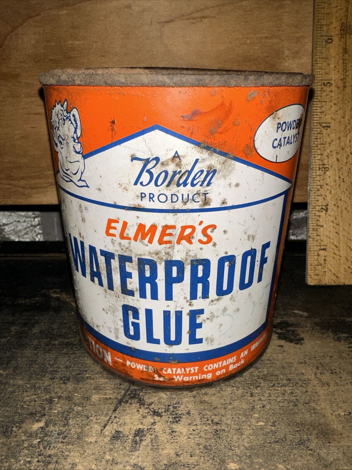 Vintage Elmer’s Waterproof Glue Can Empty Can 10 Ounce. Decorative Piece.