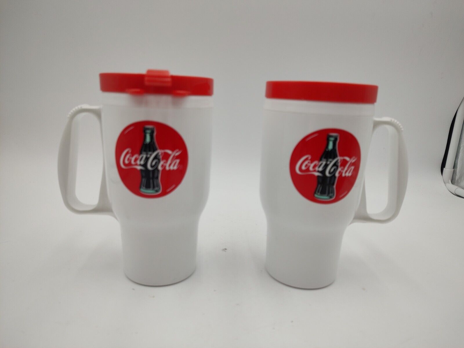 Pair Of Vintage Coca Cola The Traveler 16oz  Handled Insulated Plastic Cups