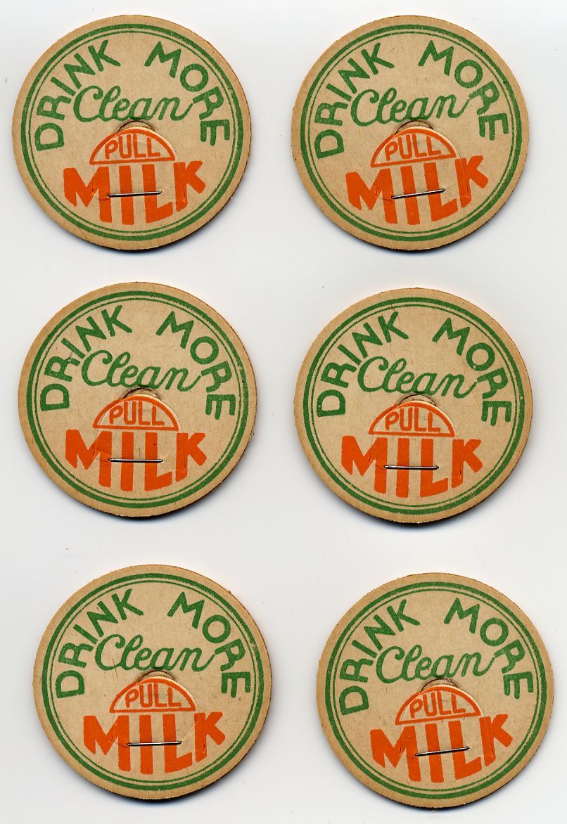 6 Vintage Milk Caps , Drink More Clean Milk