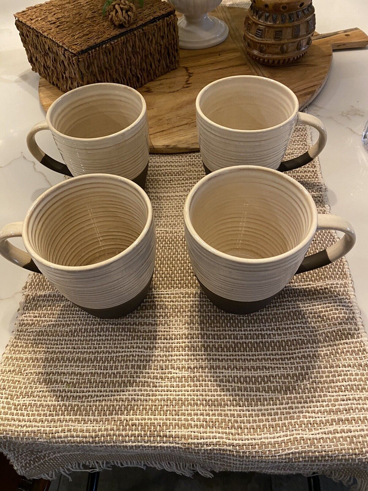 The Old Pottery Company Glazed Clay 20oz Beige/Brown Oversized  Mugs Rare Set  4
