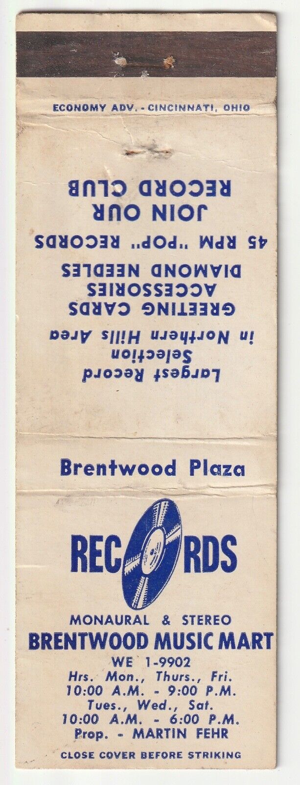 c1950s-60s~Brentwood California~Music Mart~45 RPM POP Records~Matchbook Cover