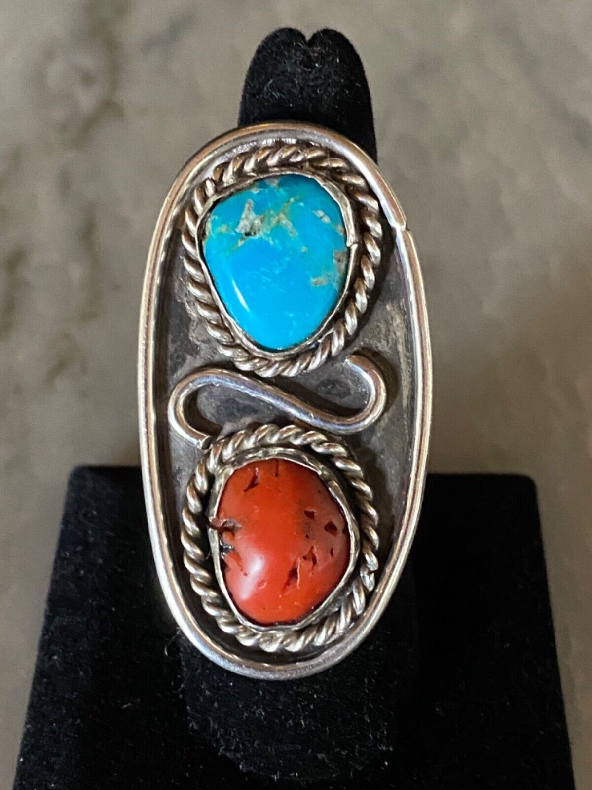 Vintage Navajo Native American Coral And Turquoise Sterling Ring