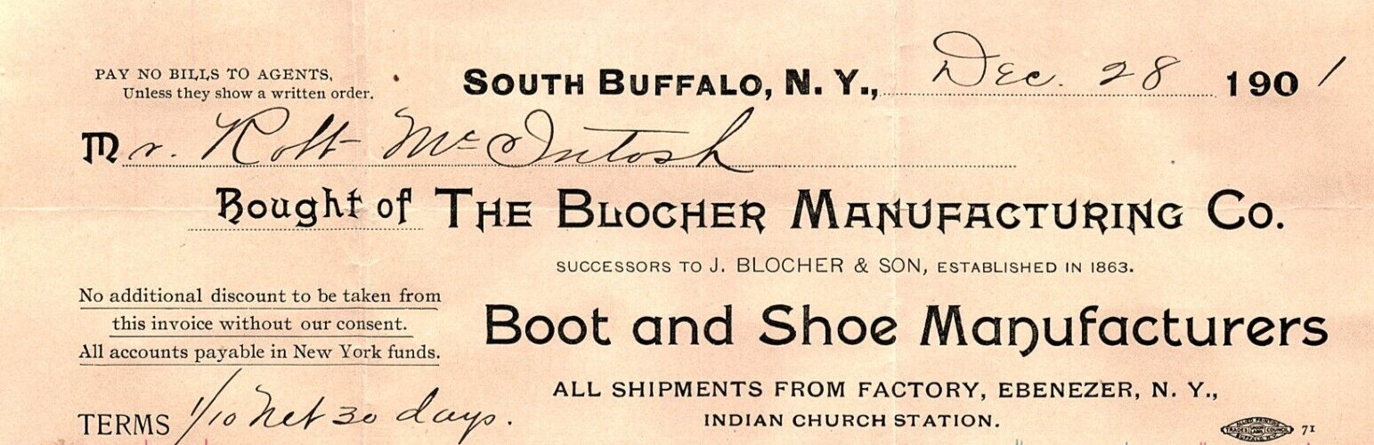 1901 THE BLOCHER MANUFACTURING CO BUFFALO NY BOOT AND SHOE  BILLHEAD Z881