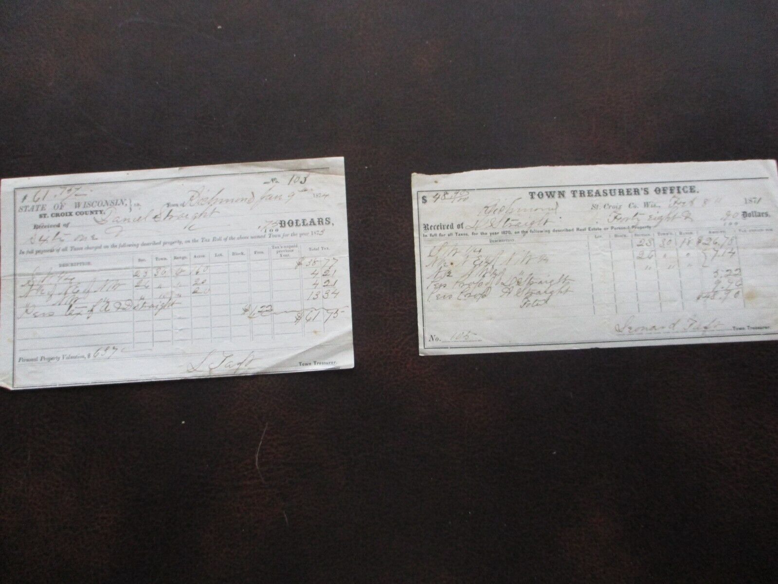 1871-74 (2) Leonard Taft (Civil War Vet) Signed St. Croix Wisconsin Documents