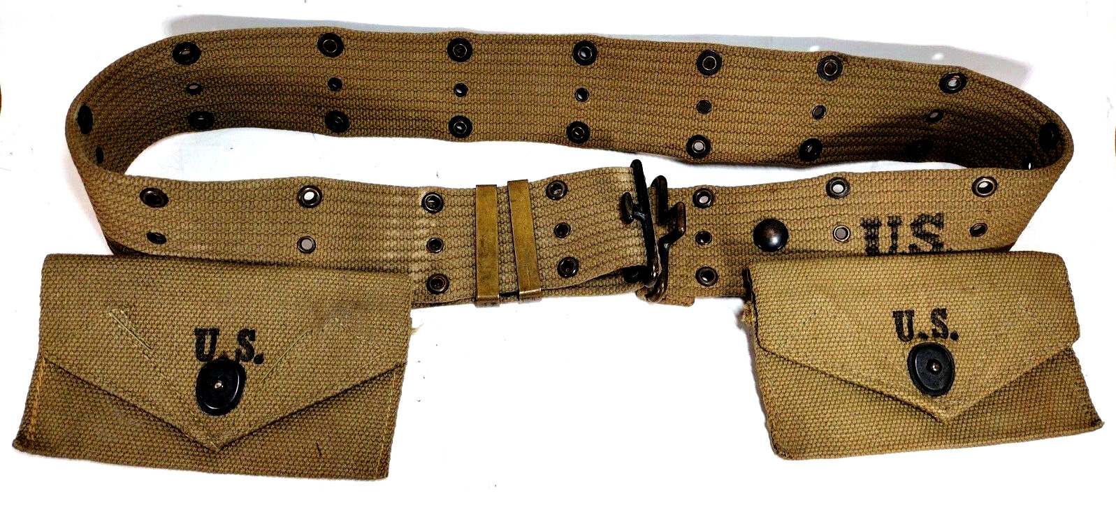 Authentic 1942 World War II U.S. Army Khaki Belt w Bandage and Ammo Pouches, USA