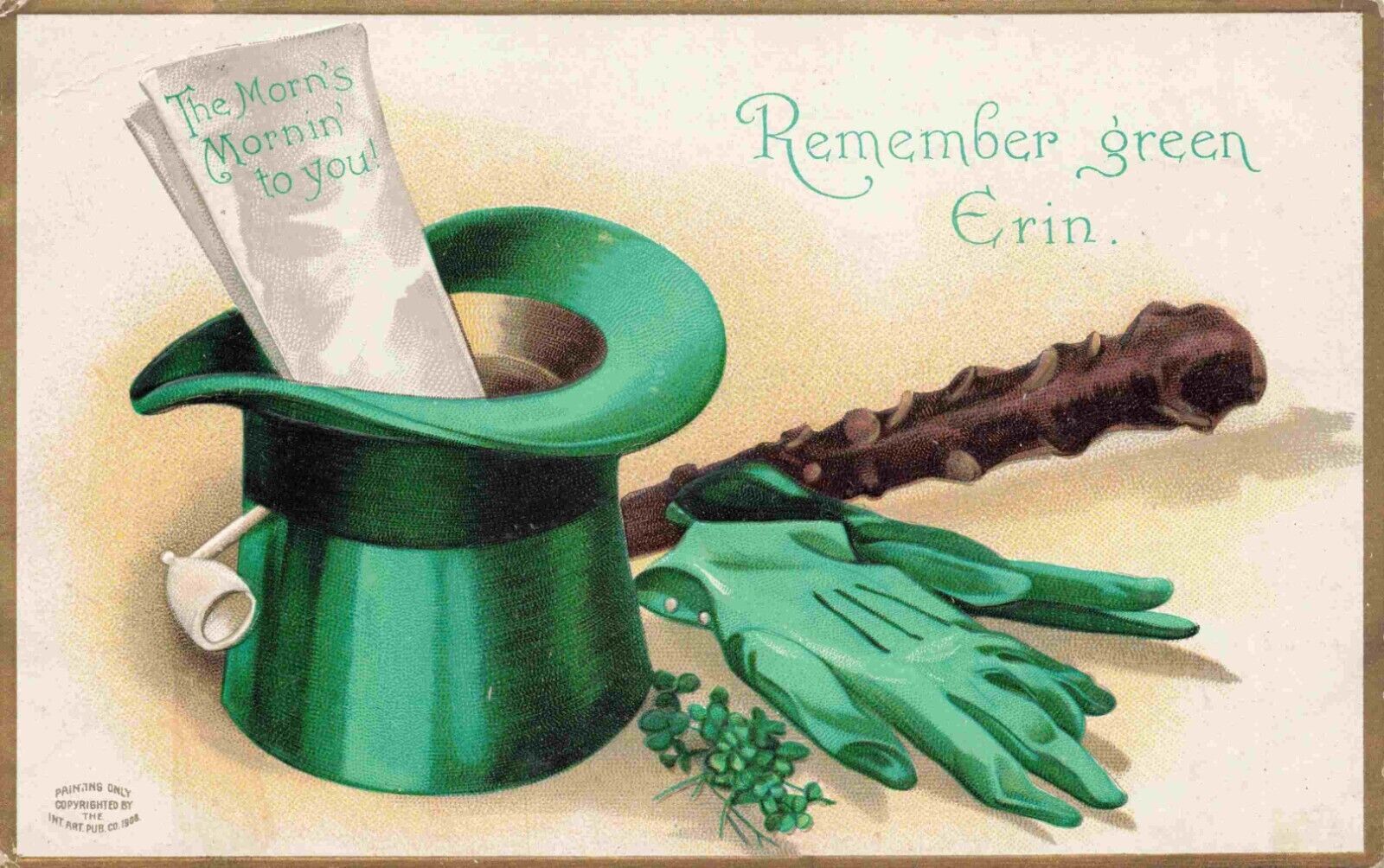 St Patrick's Day Green Hat Gloves Erin c1909 Embossed Vintage Irish Postcard