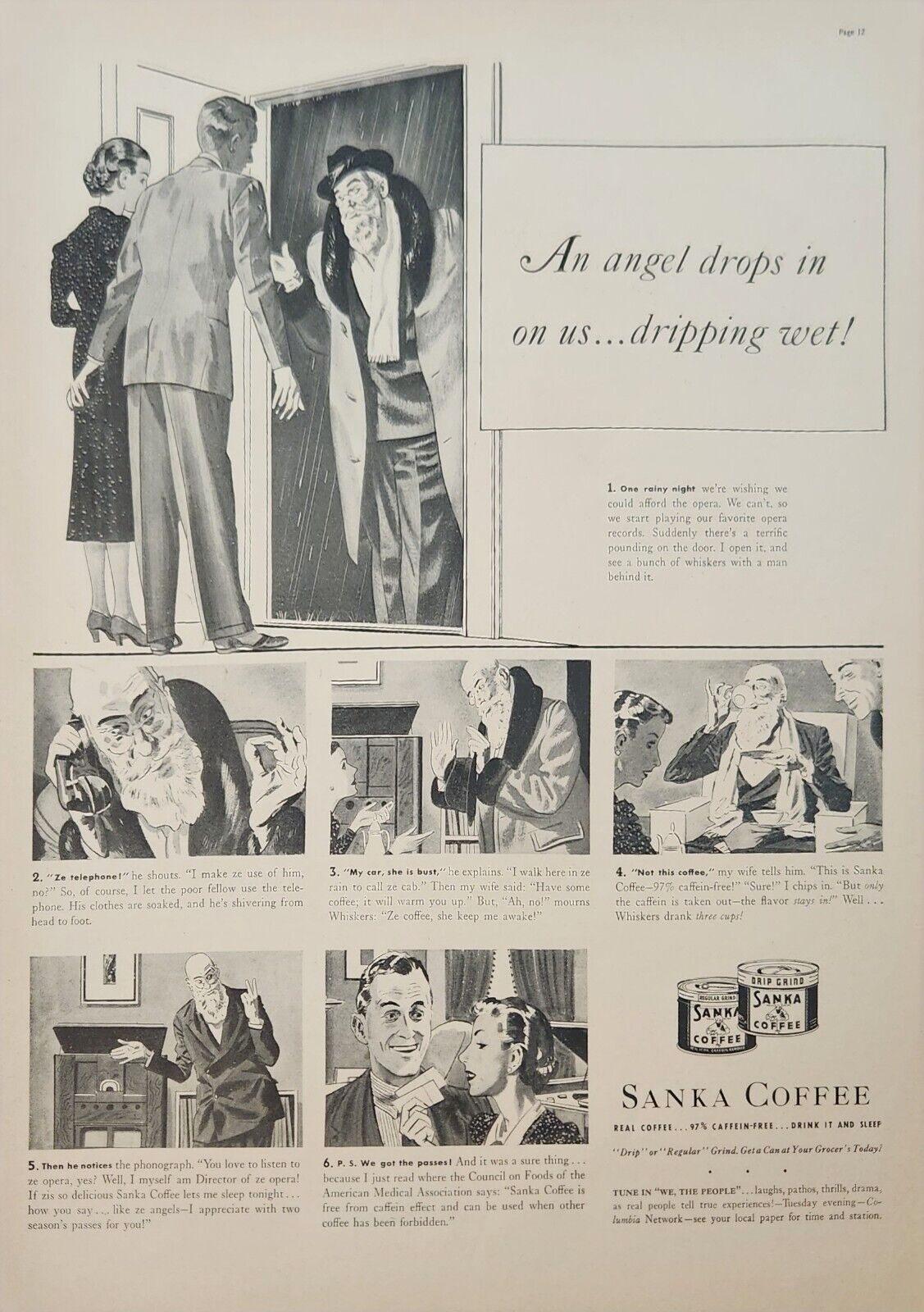 1939 Sanka coffee cartoon Vintage Ad An angel drops in on us dripping wet