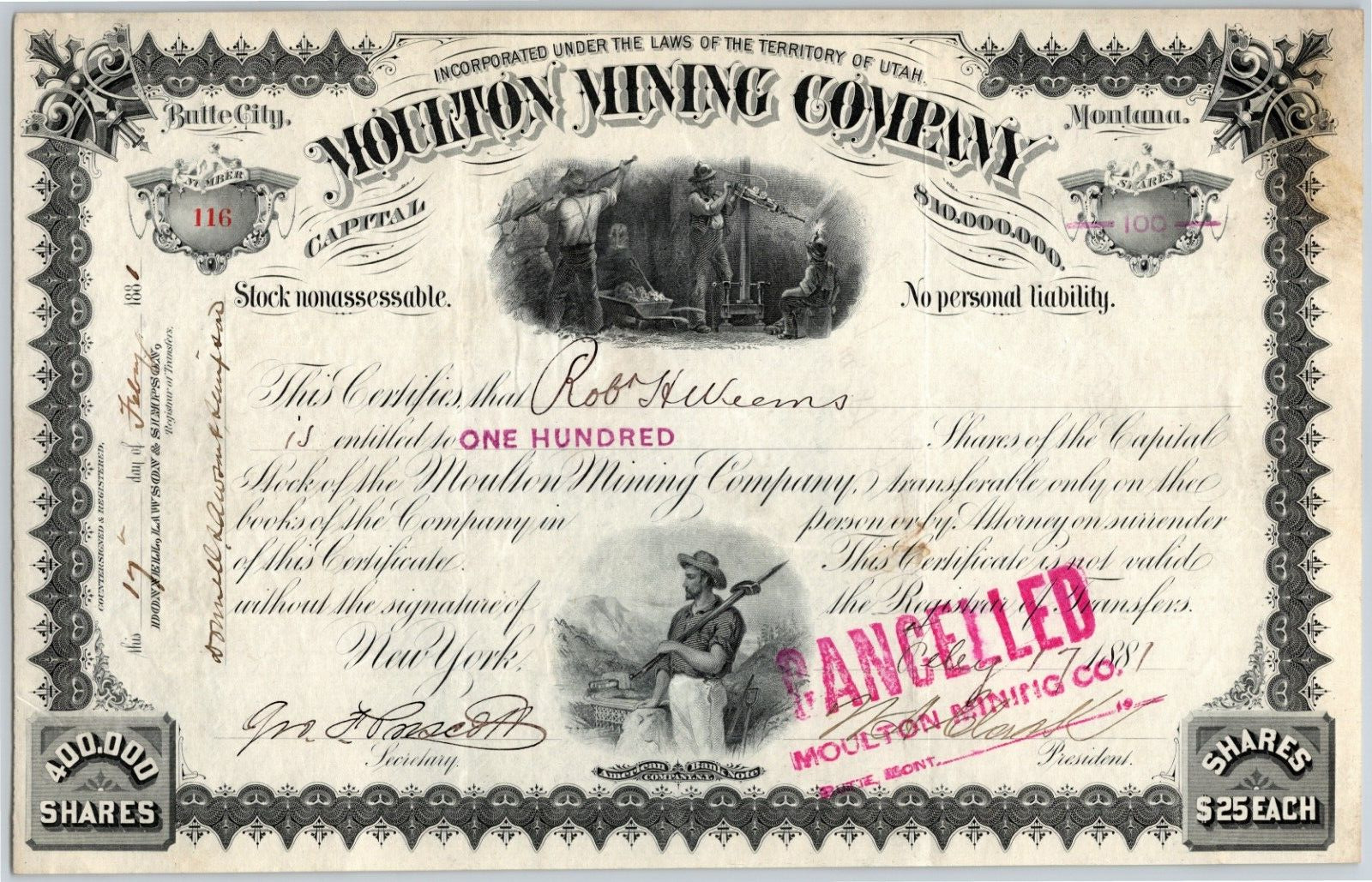 Moulton Mining Company Butte City Montana 1881 Stock Certificate #116 - Scarce