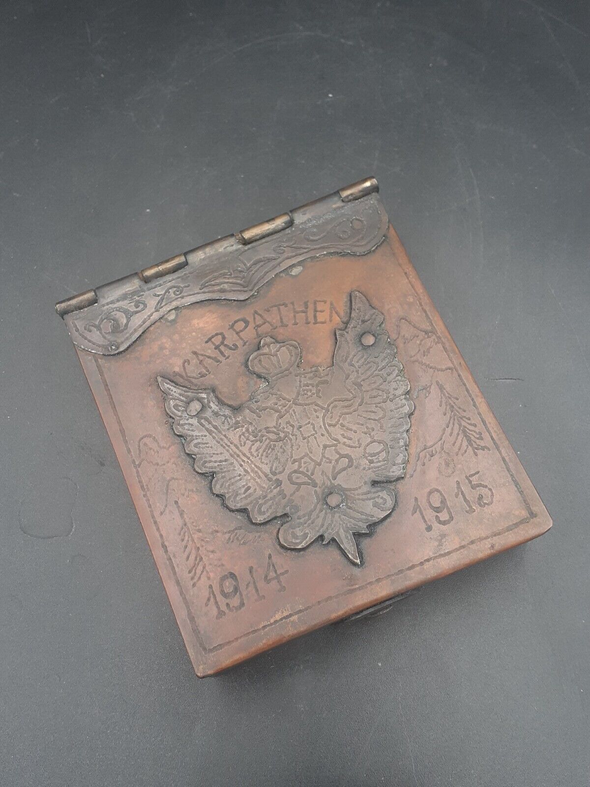 Trench art WW1 cigarette case from Carpathen 1914-1915. Austria.