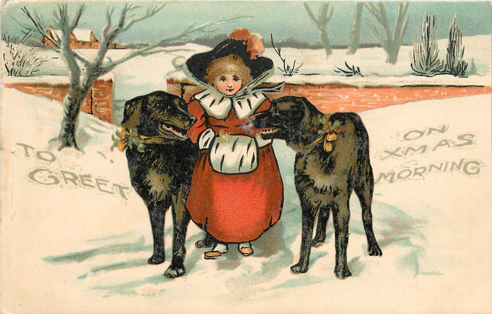 c1905 Christmas Postcard; Little Girl in Red w/ 2 Big Black Dogs in Snow