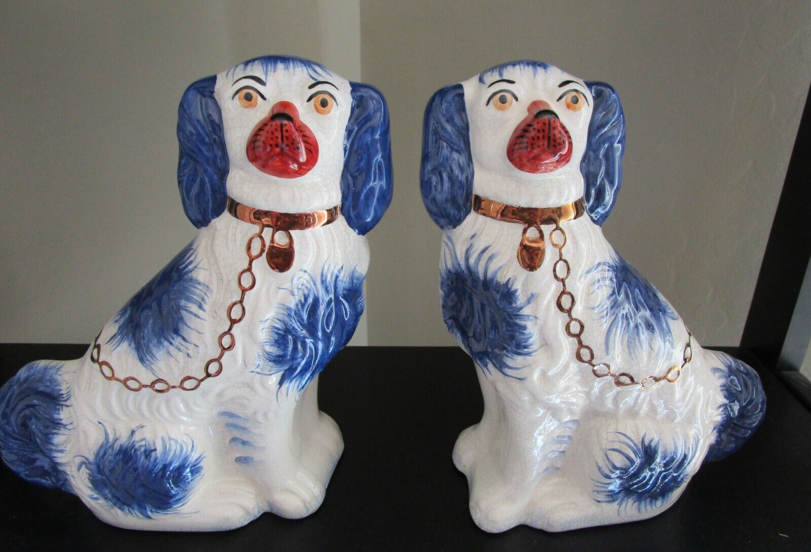 Vintage Pair Staffordshire SPANIEL DOGS,  James Kent England 9-1/2”, BLUE/White