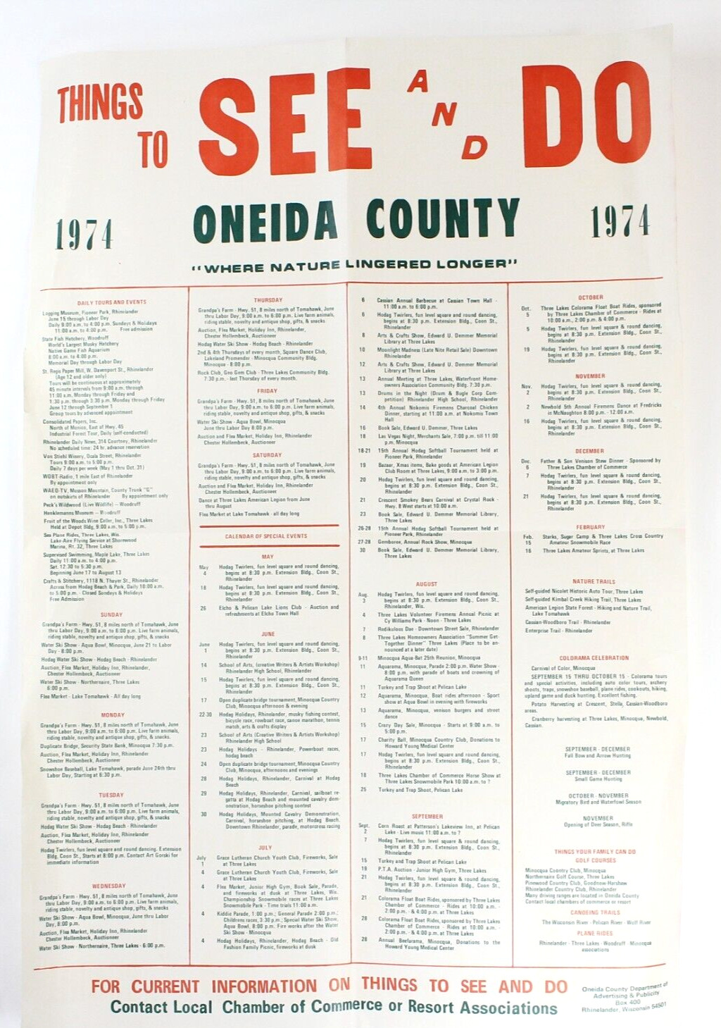 1974 Oneida County See and Do Poster. 12 x 18 inches. Tourist, Vacation, Events.