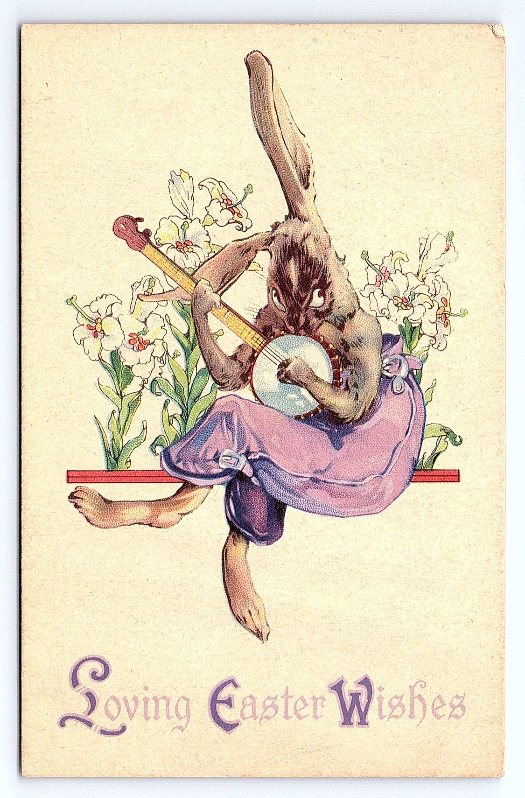 Postcard Loving Easter Wishes Anthropomorphic Human-Like Rabbit Banjo Player