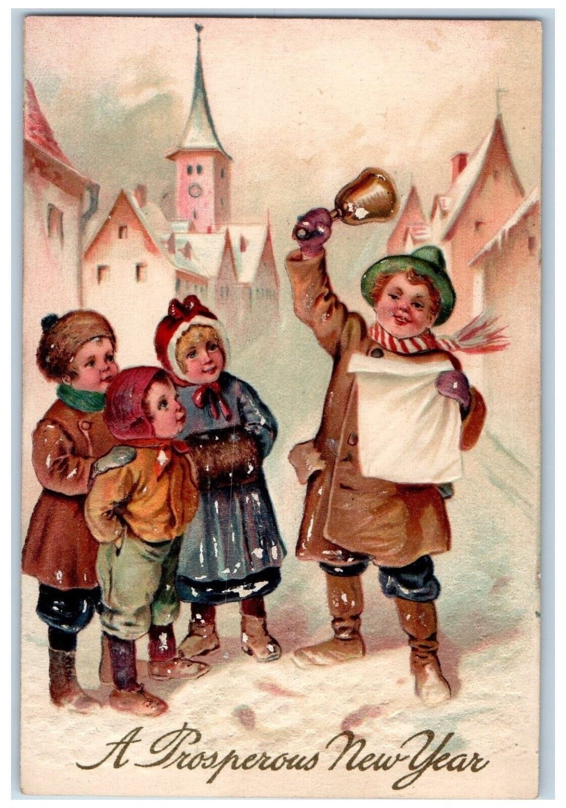 c1910's New Year Childrens Caroling Bell Winter Embossed Antique Postcard