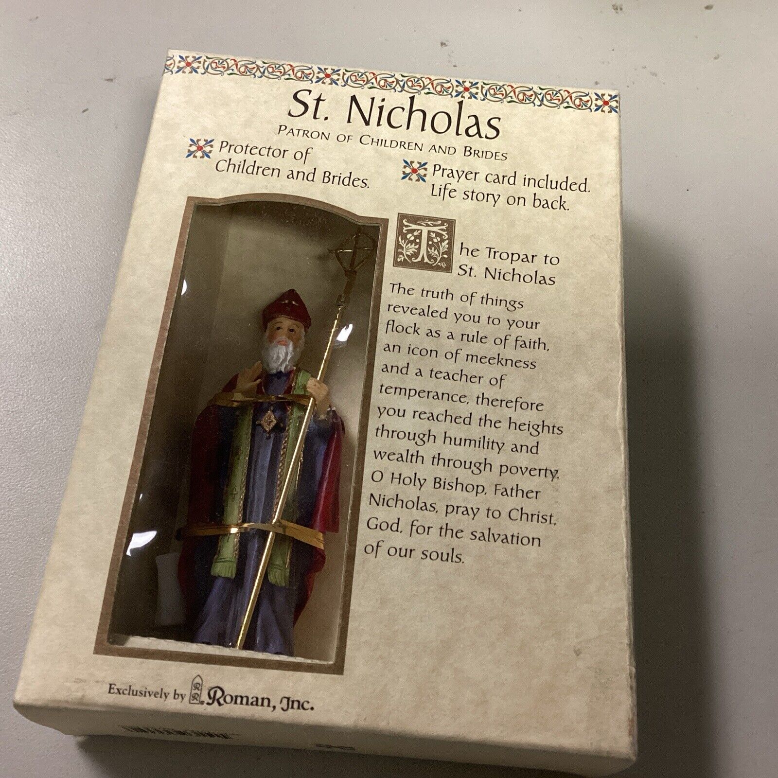 NEW 1999 Roman Inc. St. Nicholas Patron of Children & Brides In Box Prayer Card