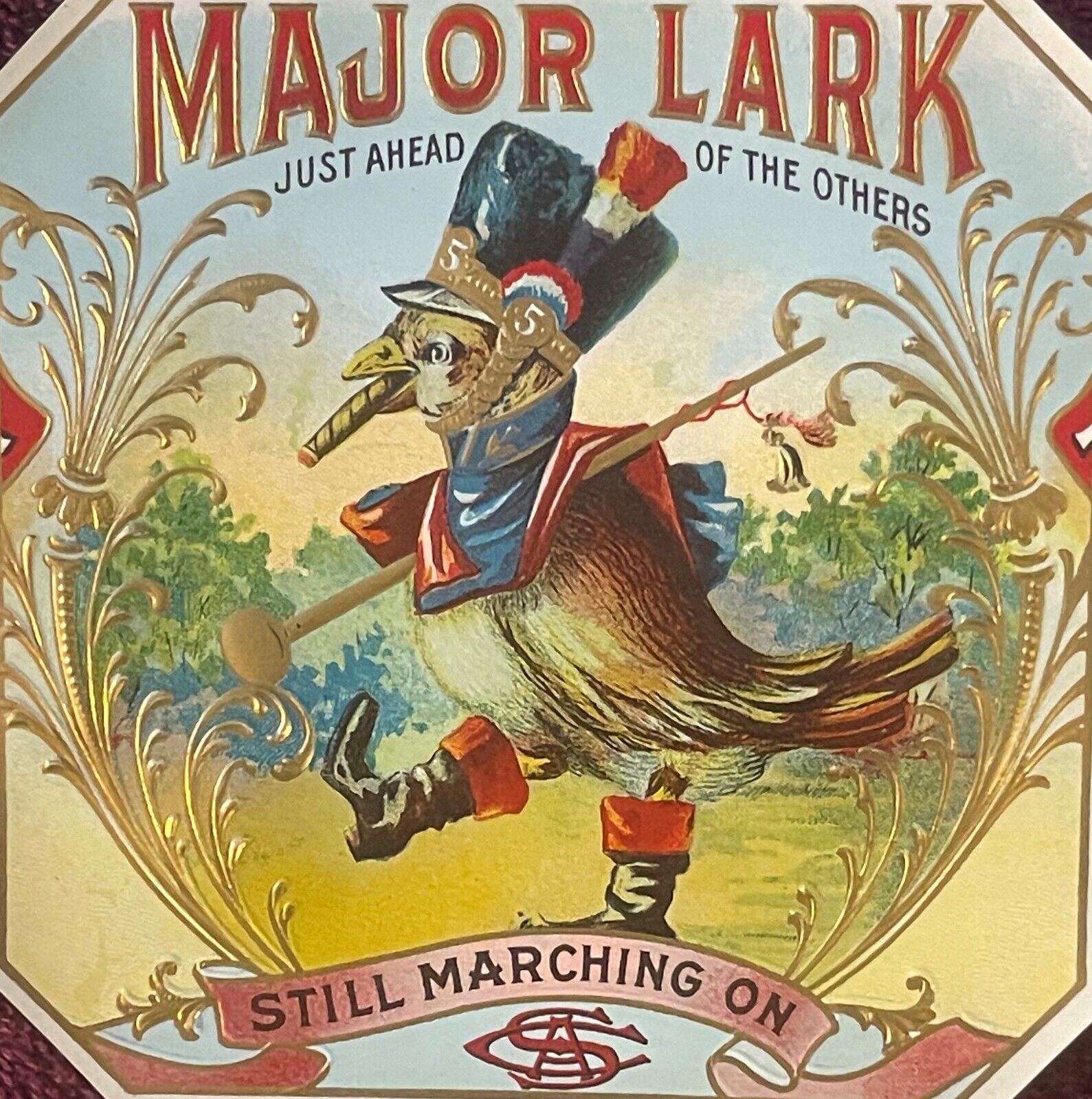 Rare 1910s Antique Major Lark Embossed Cigar Label, Coolest Marching Bird Ever