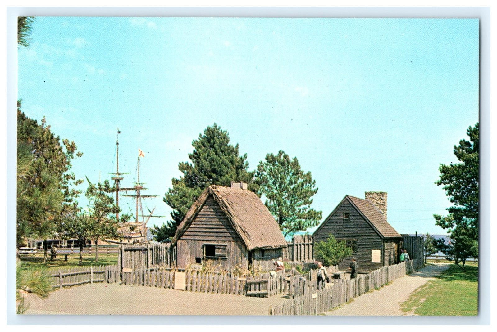 Vintage Postcard First Pilgrim Houses & Mayflower II Plymouth Massachusetts