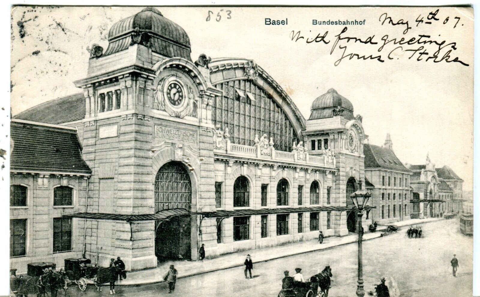 Switzerland Basel - Bundesbahnhof 1907 cover to NYC NY USA on postcard