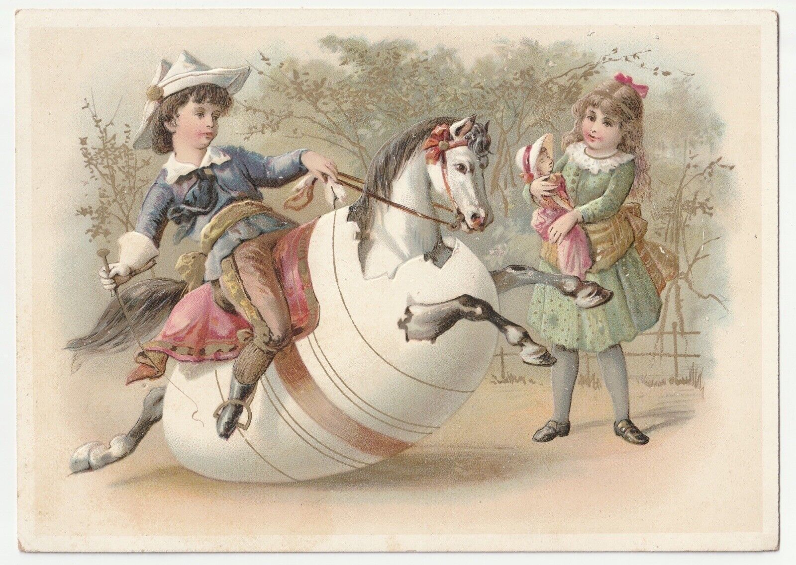 c1880s~Napoleonic Kid Riding Egg Horse~Easter Themed~ Victorian Trade Card