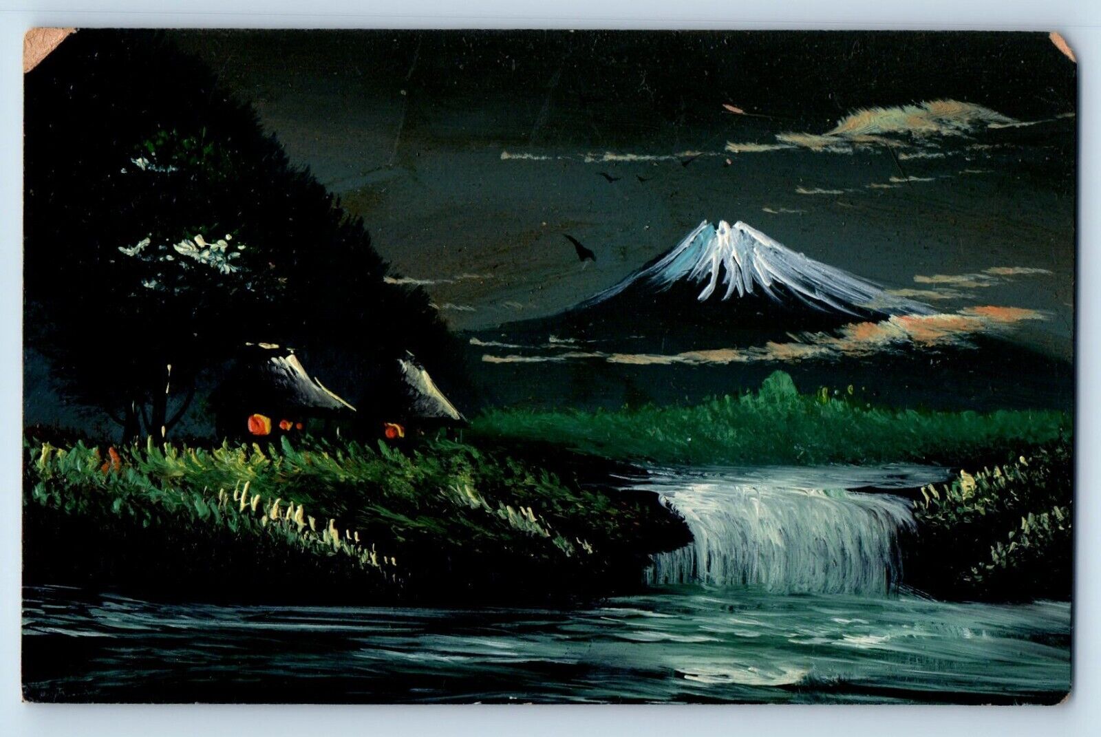 Handpainted Postcard Art Mt. Fuji Hand Drawn Waterfalls Night View c1910's