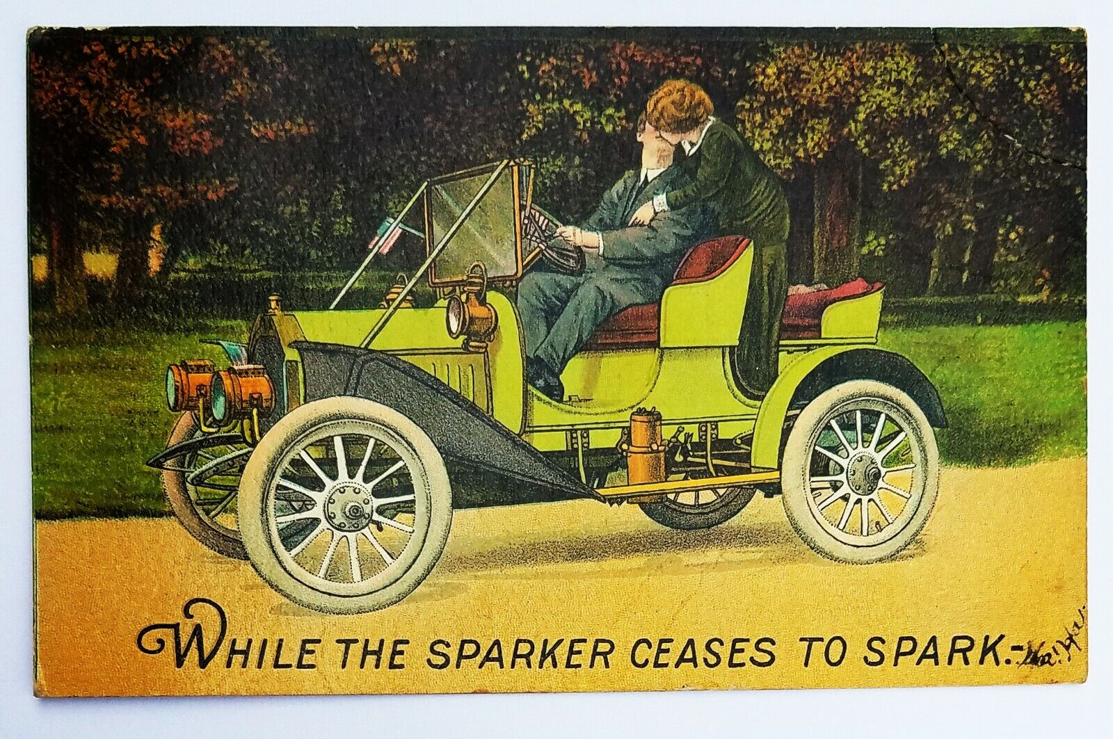 Vintage Antique Auto & Kiss Postcard- While Sparker ceases Spark -Old car Winsch