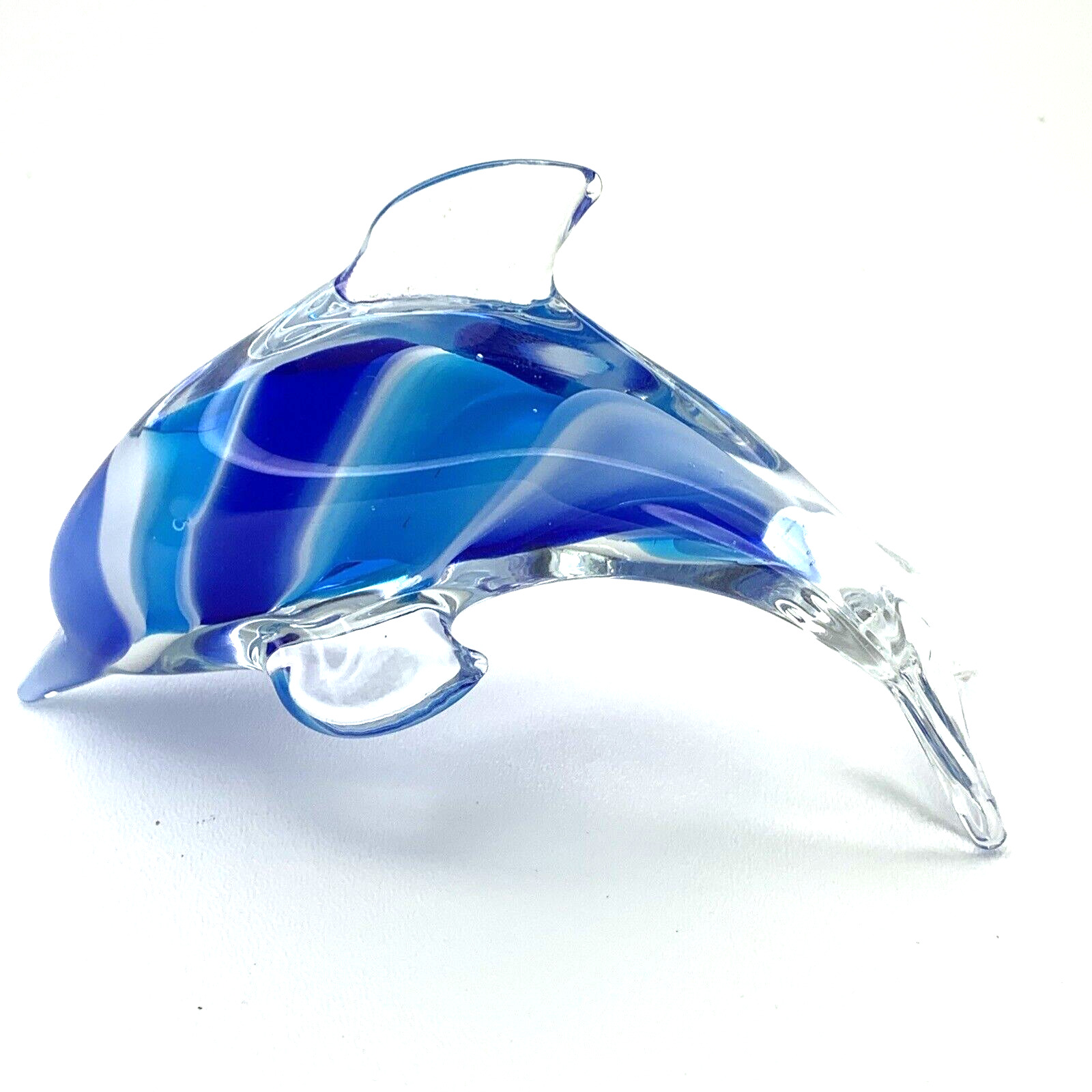 Vintage Blue Swirl Blown Hand Art Glass Dolphin Figurine Paperweight