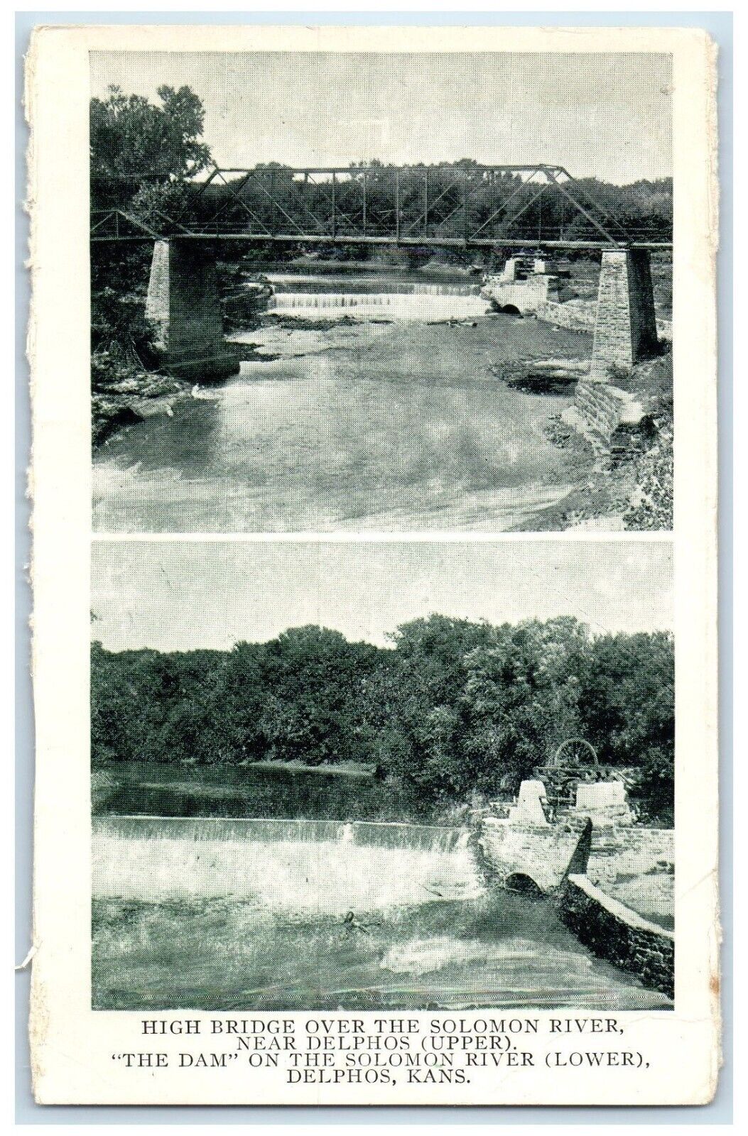 c1910 High Bridge Solomon River Delphos The Dam Delphos Kansas Dualview Postcard