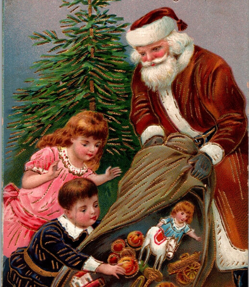 Antique Christmas Postcard Santa Old World Fur Brown Coat Children Bag Toys Gilt