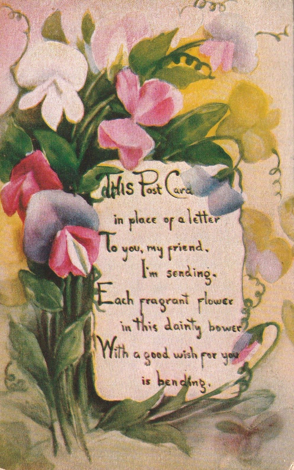 GOOD WISHES FOR YOU POSTCARD 1910 Poem + Flower Bouquet Colorful Antique