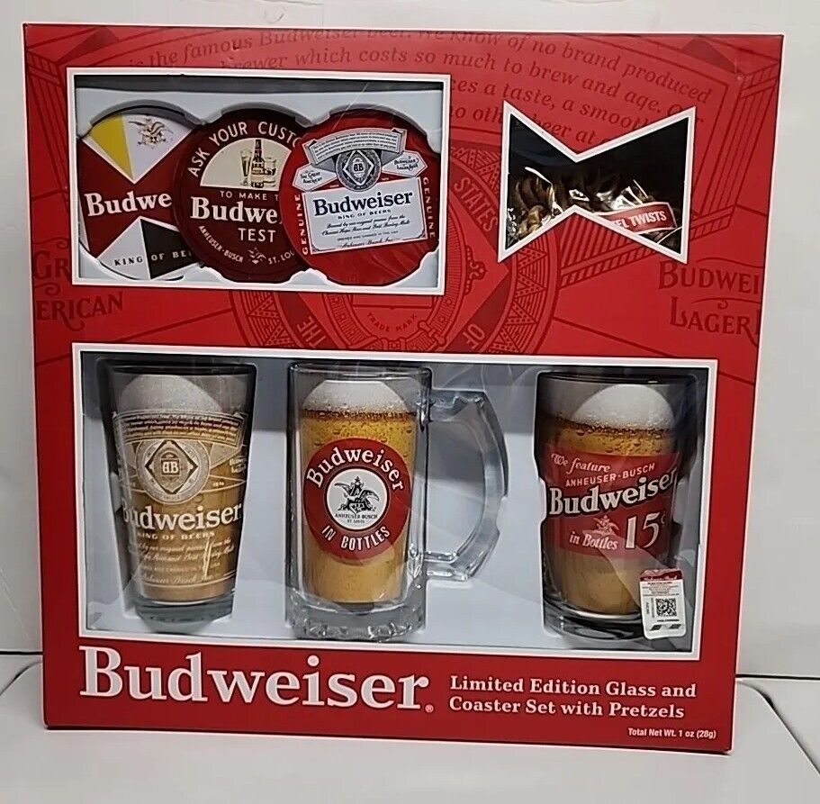 Budweiser Glasses Gift Set w/three Beer Pint Glasses, Coasters, and Pretzels New