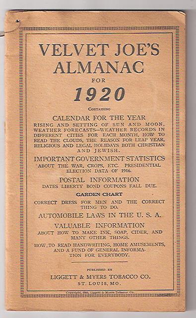 1920 Velvet Joe\'s Almanac Liggett & Myers Tobacco Co St Louis MO WWI Stats