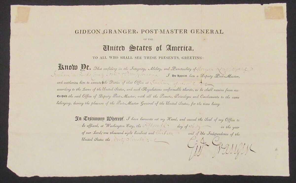 1813 U.S. Postmaster General Gideon Granger Document Signed