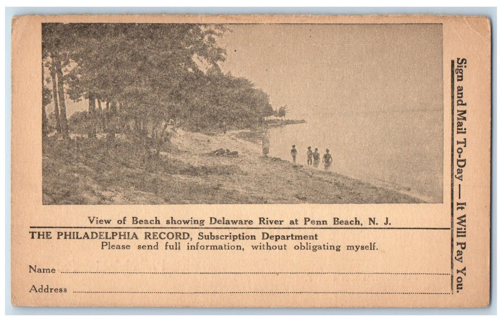 c1905 The Philadelphia Record Beach Delaware River Penn Beach NJ Postcard